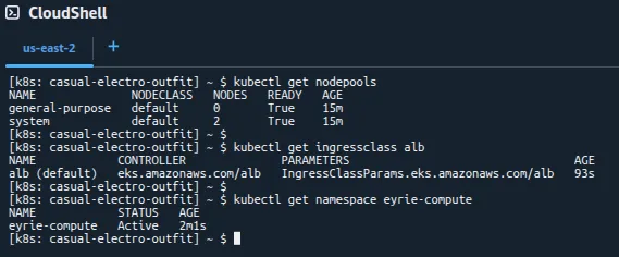 Screenshot of AWS CloudShell commands that confirm the EKS cluster is ready