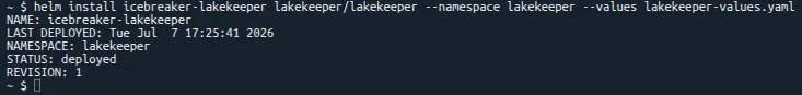 Screenshot of installing Lakekeeper in a CloudShell terminal window