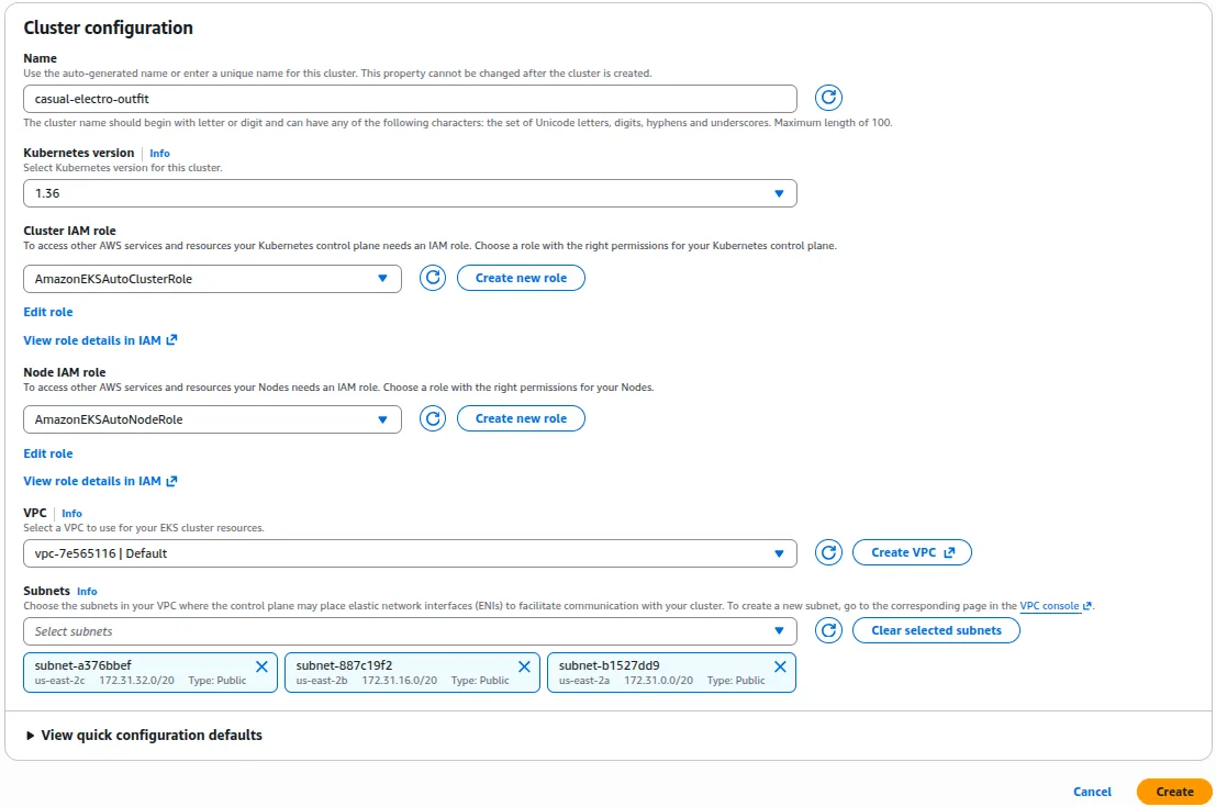 Screenshot of configuring an EKS cluster in the AWS Console