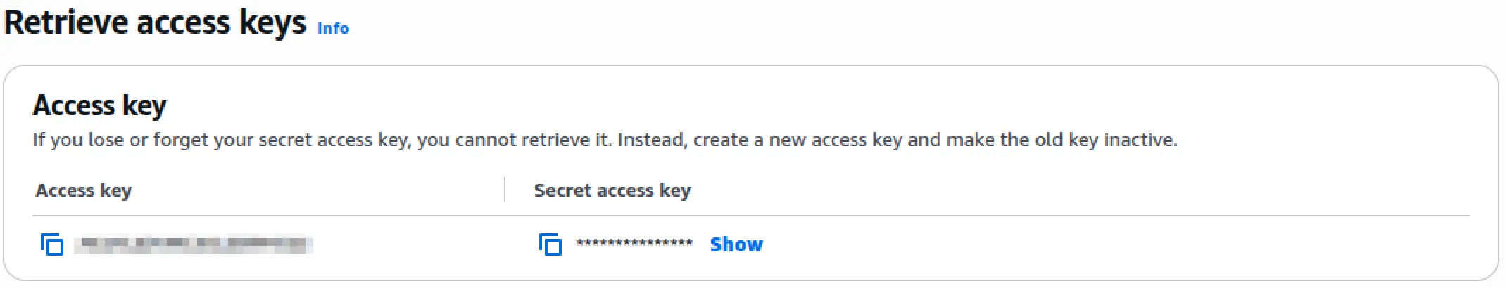 Screenshot of AWS console IAM user access key after creation