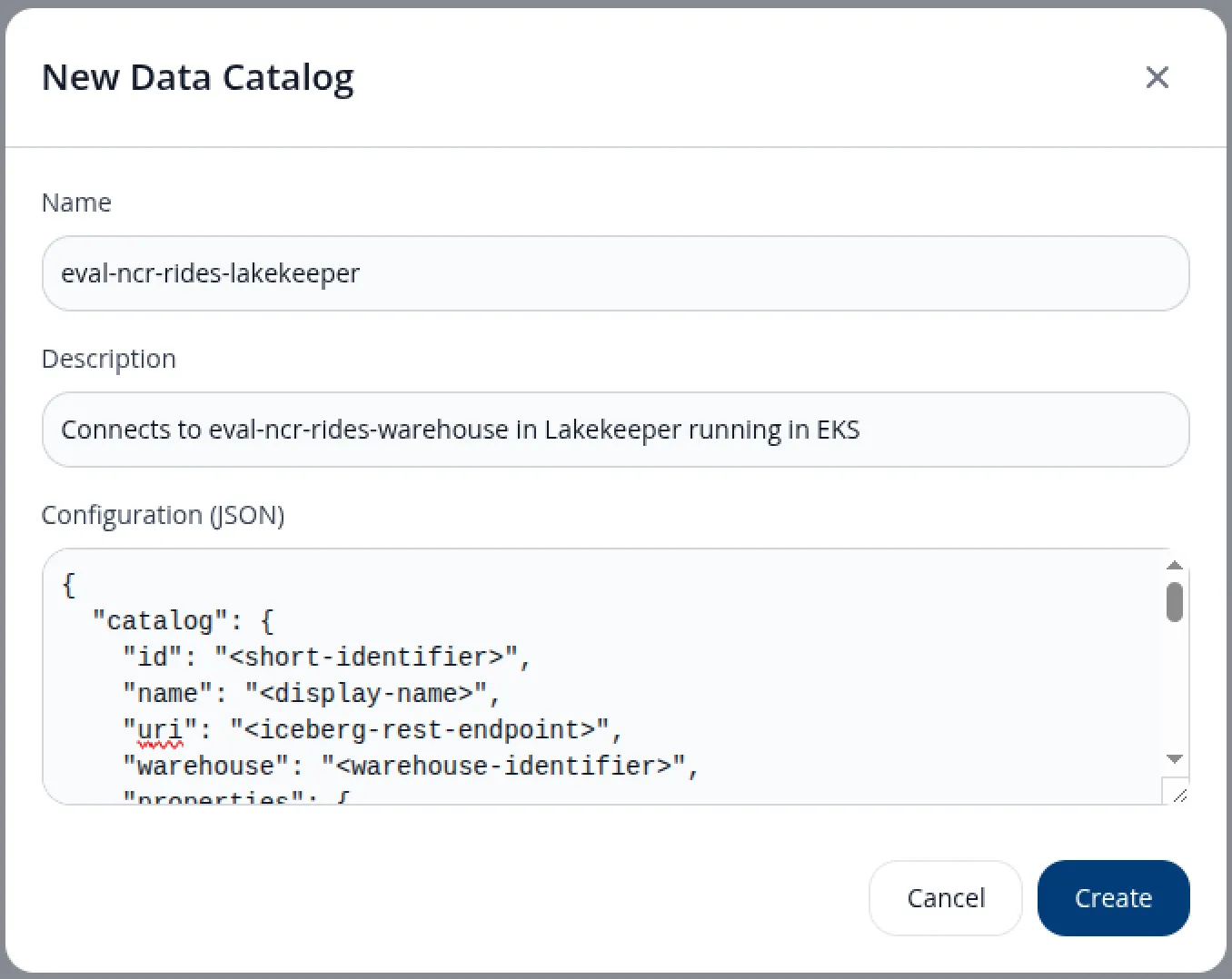 screenshot of New Data Catalog configuration