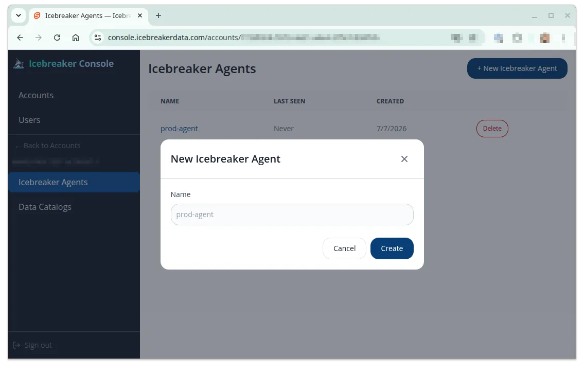 Screenshot of the New Icebreaker Agent dialog
